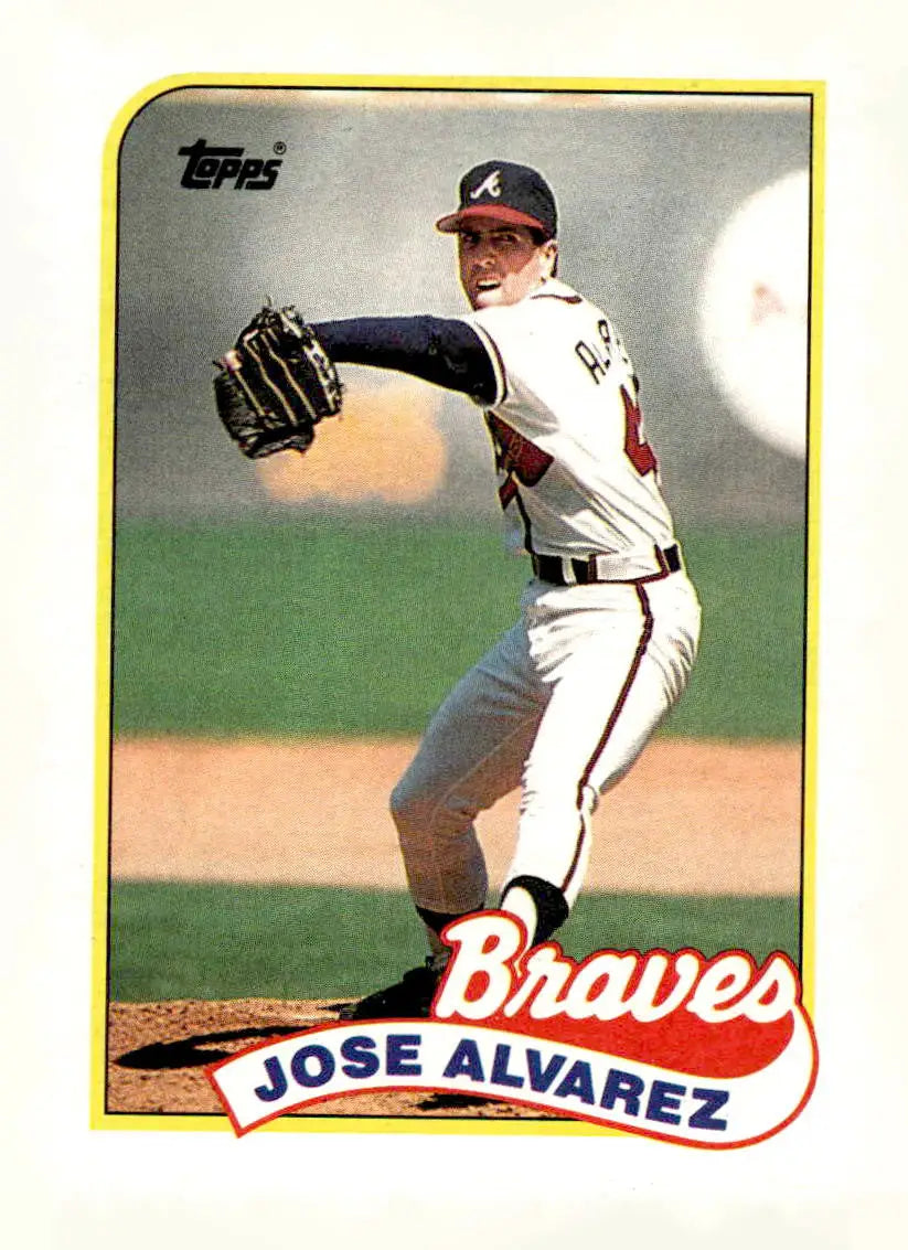 Vintage Jose Alvarez baseball card from 1989 Topps featuring pitcher in Atlanta Braves uniform