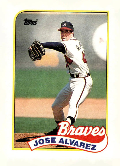 Vintage Jose Alvarez baseball card from 1989 Topps featuring pitcher in Atlanta Braves uniform