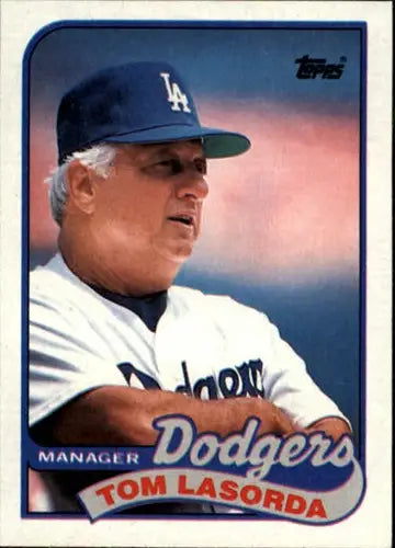 Original gloss Tom Lasorda baseball card from 1989 Topps #254 showcasing Dodgers memorabilia