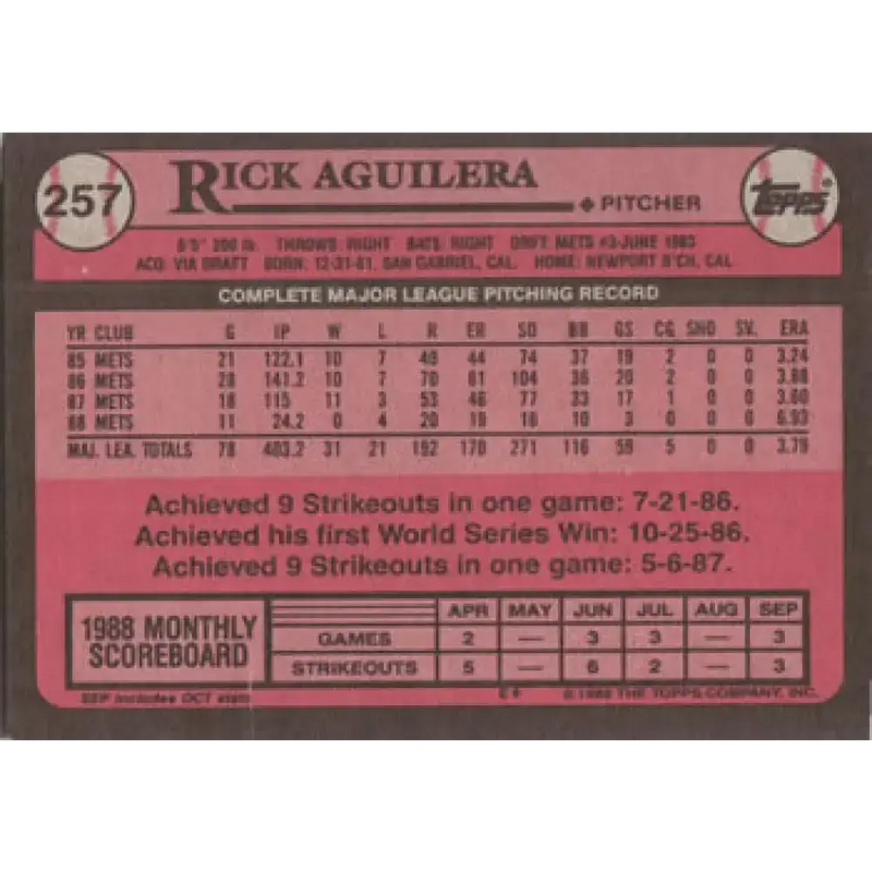 1989 Topps #257 Rick Aguilera NM-MT New York Mets Baseball Card - Baseball Card Single