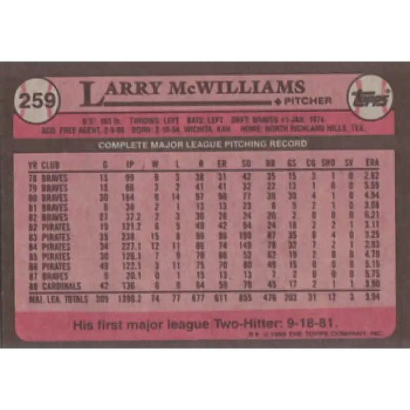 1989 Topps #259 Larry McWilliams NM-MT St. Louis Cardinals Baseball Card - Baseball Card Single