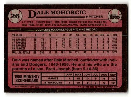 1989 Topps #26 Dale Mohorcic New York Yankees Baseball Cards EX/NM ID:61588