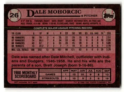 1989 Topps #26 Dale Mohorcic New York Yankees Baseball Cards EX/NM ID:61588