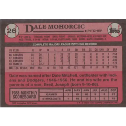 1989 Topps #26 Dale Mohorcic NM-MT New York Yankees Baseball Card