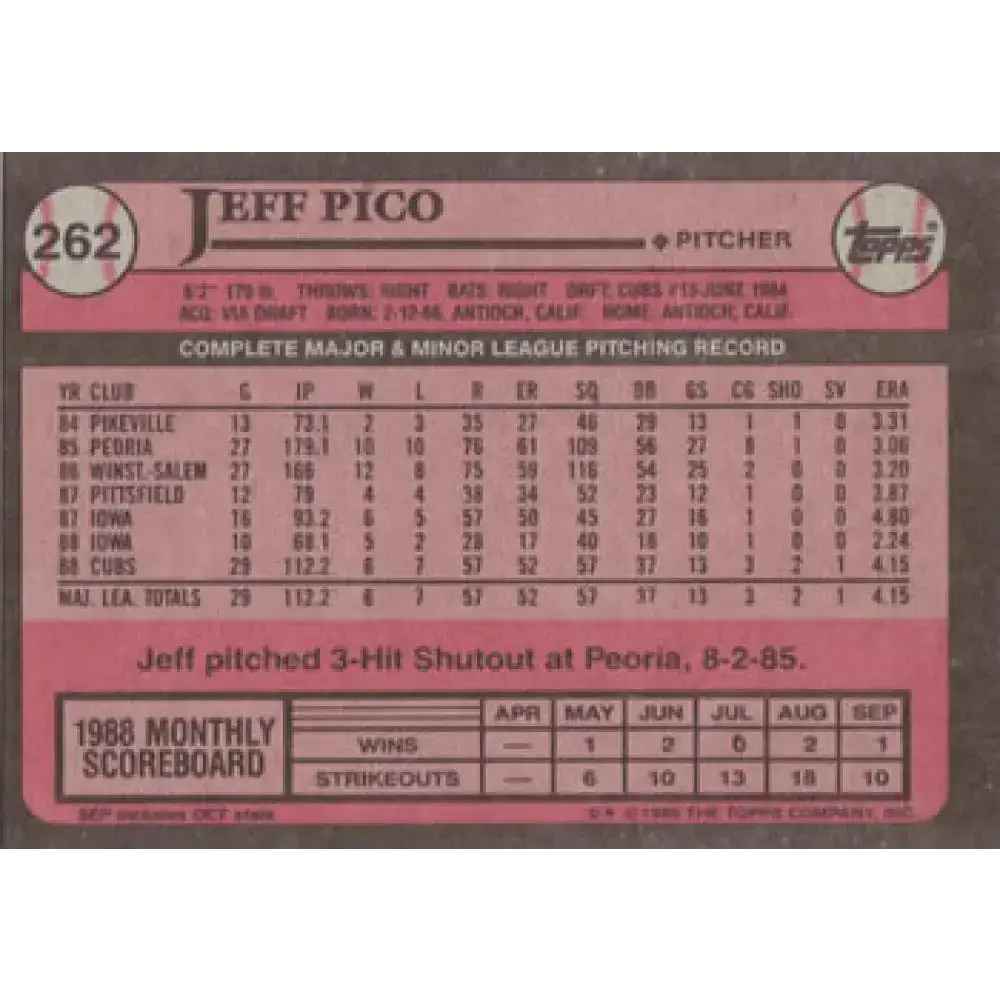 1989 Topps #262 Jeff Pico NM-MT Chicago Cubs Baseball Card - Baseball Card Single