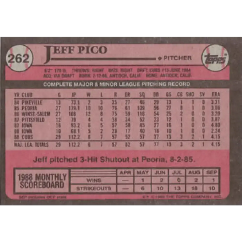 1989 Topps #262 Jeff Pico NM-MT Chicago Cubs Baseball Card - Baseball Card Single