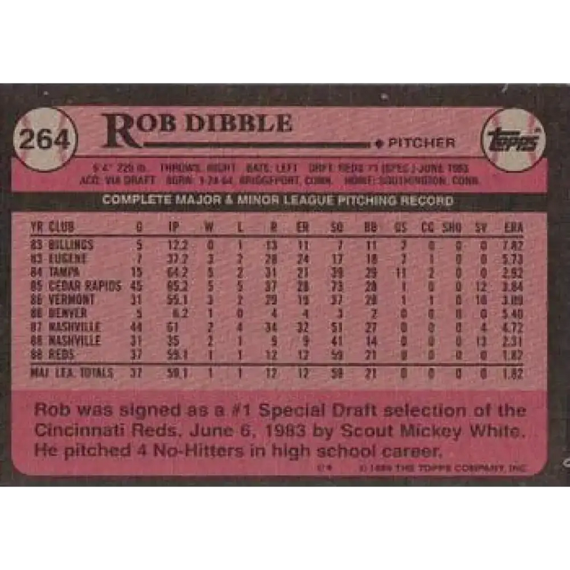 1989 Topps #264 Rob Dibble NM-MT RC Rookie Cincinnati Reds Baseball Card - Baseball Card Single