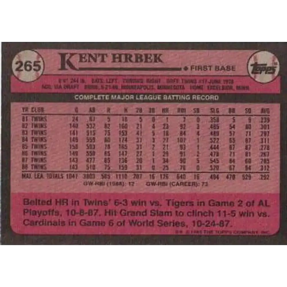 1989 Topps #265 Kent Hrbek NM-MT Minnesota Twins Baseball Card - Baseball Card Single