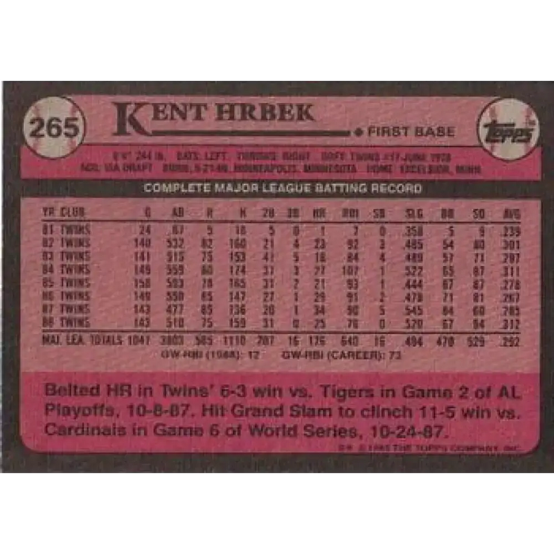 1989 Topps #265 Kent Hrbek NM-MT Minnesota Twins Baseball Card - Baseball Card Single