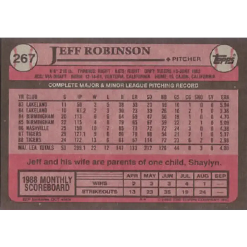 1989 Topps #267 Jeff Robinson NM-MT Detroit Tigers Baseball Card - Baseball Card Single