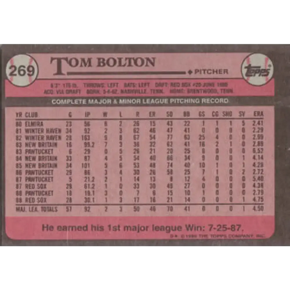 1989 Topps #269 Tom Bolton NM-MT Boston Red Sox Baseball Card