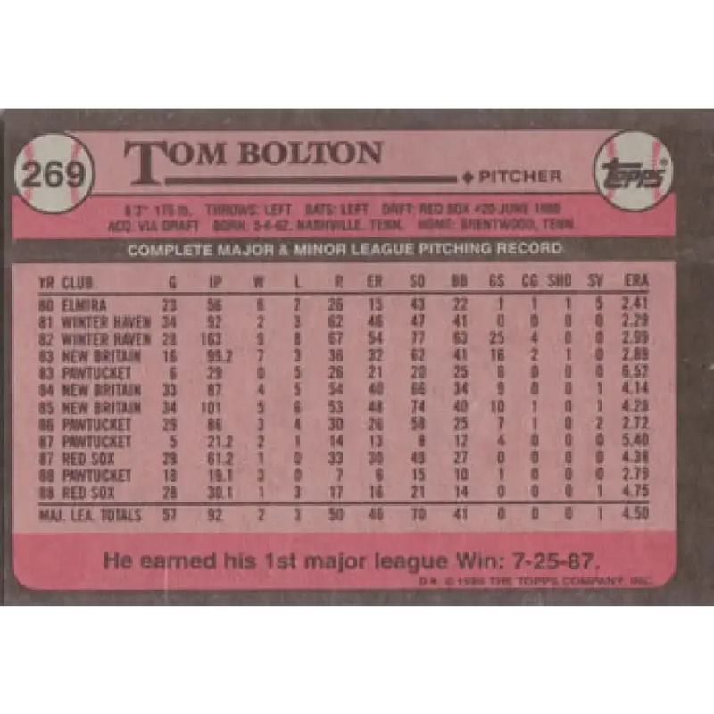 1989 Topps #269 Tom Bolton NM-MT Boston Red Sox Baseball Card - Baseball Card Single