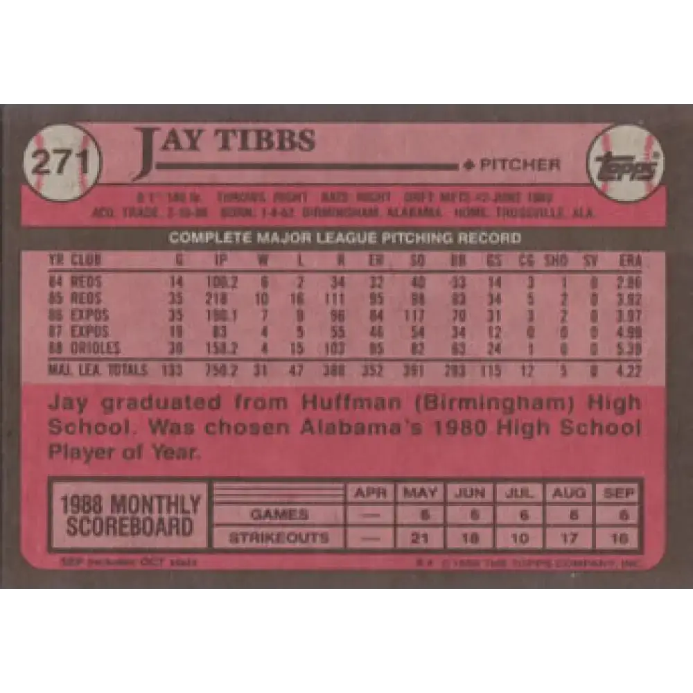1989 Topps #271 Jay Tibbs NM-MT Baltimore Orioles Baseball Card - Baseball Card Single