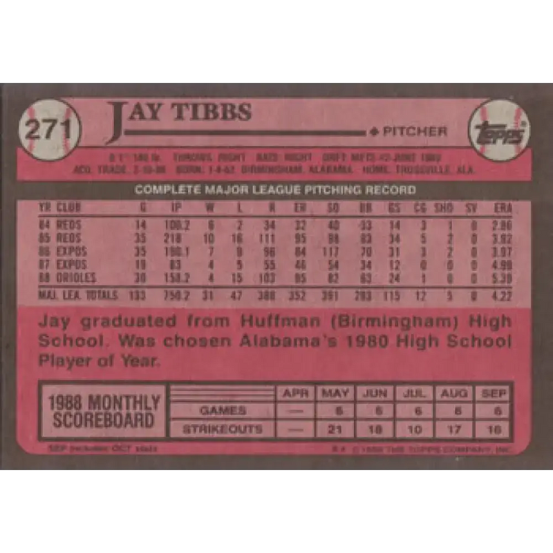 1989 Topps #271 Jay Tibbs NM-MT Baltimore Orioles Baseball Card - Baseball Card Single