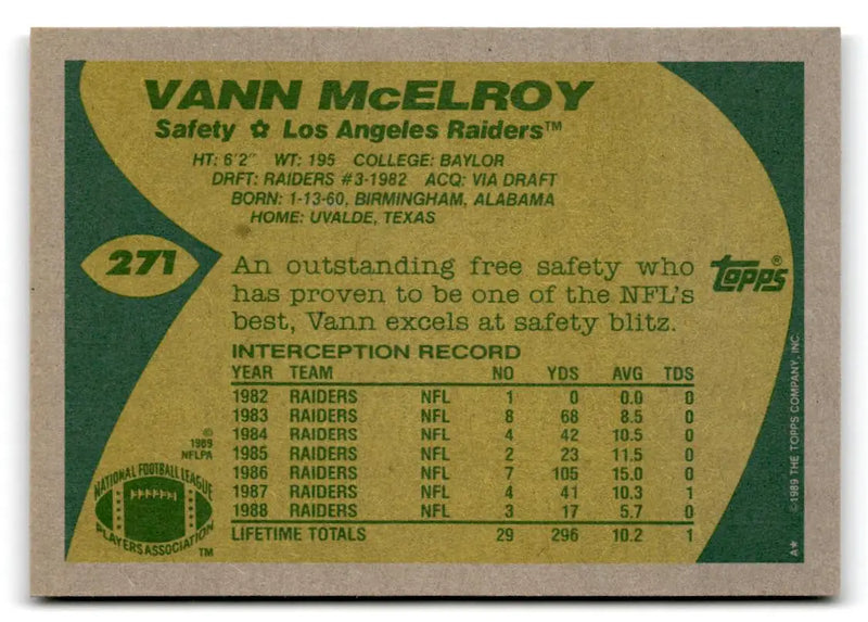 1989 Topps #271 Vann McElroy - Football Card Single