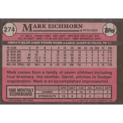 1989 Topps #274 Mark Eichhorn NM-MT Toronto Blue Jays Baseball Card