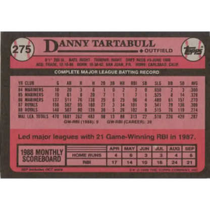 1989 Topps #275 Danny Tartabull UER NM-MT Kansas City Royals Baseball Card