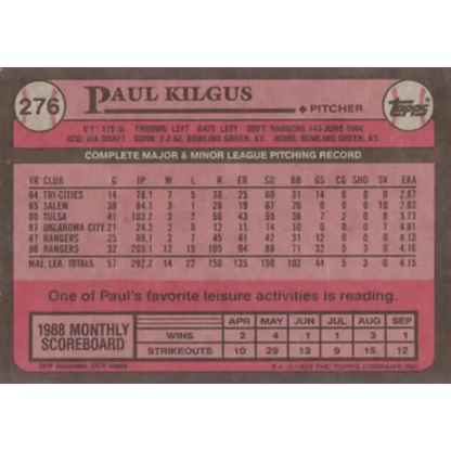 1989 Topps #276 Paul Kilgus NM-MT Texas Rangers Baseball Card