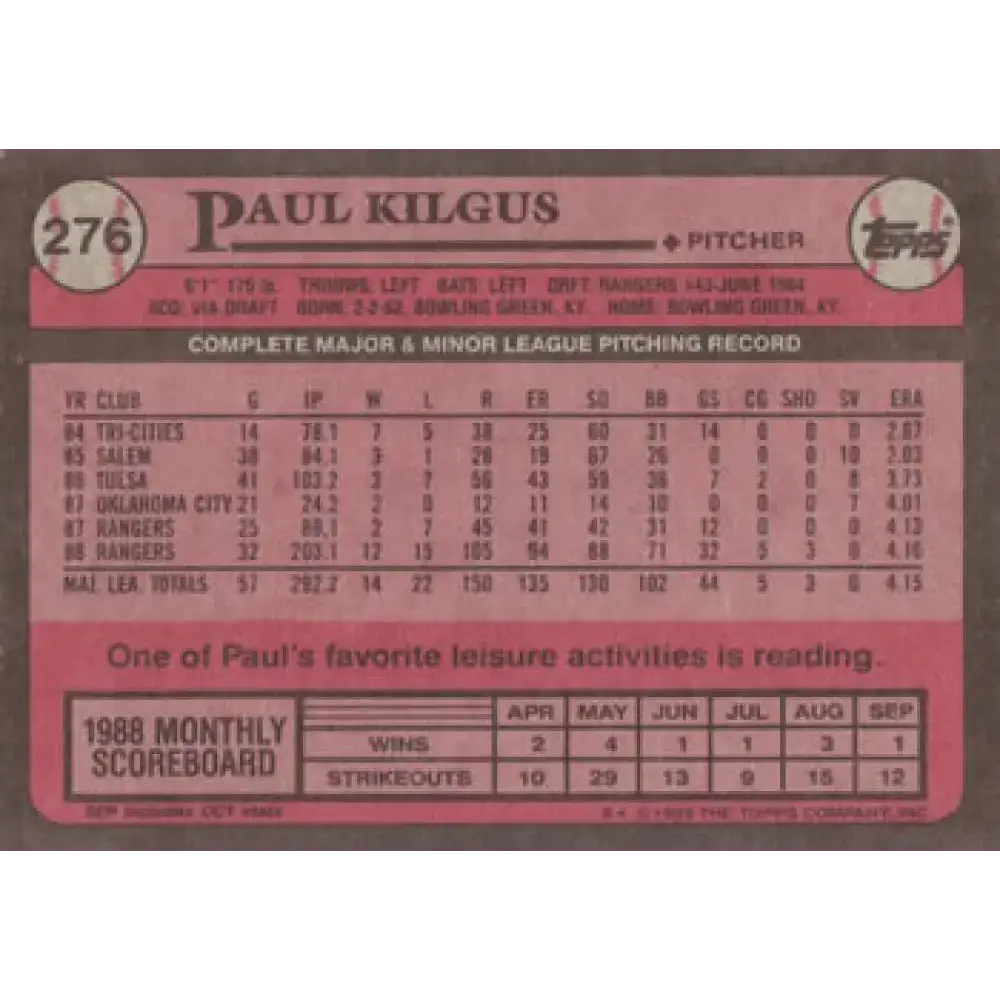1989 Topps #276 Paul Kilgus NM-MT Texas Rangers Baseball Card - Baseball Card Single
