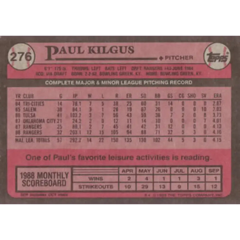 1989 Topps #276 Paul Kilgus NM-MT Texas Rangers Baseball Card - Baseball Card Single