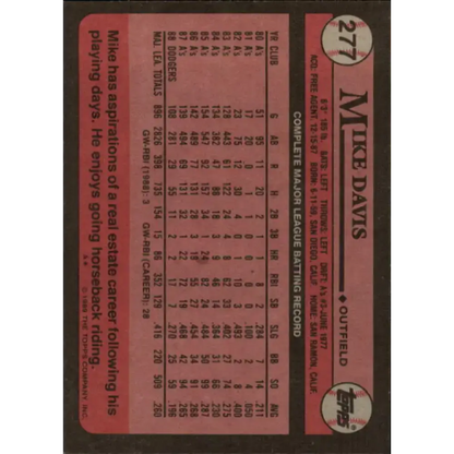 1989 Topps #277 Mike Davis NM-MT Los Angeles Dodgers Baseball Card