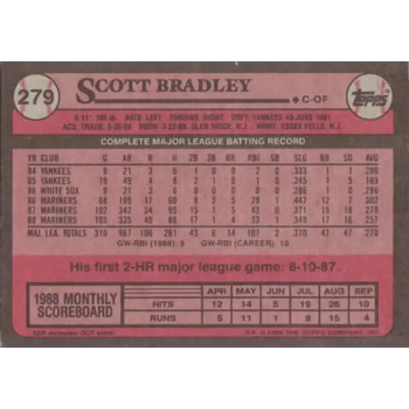 1989 Topps #279 Scott Bradley NM-MT Seattle Mariners Baseball Card - Baseball Card Single