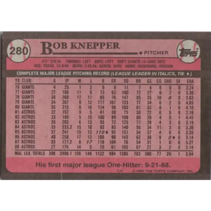 1989 Topps #280 Bob Knepper NM-MT Houston Astros Baseball Card