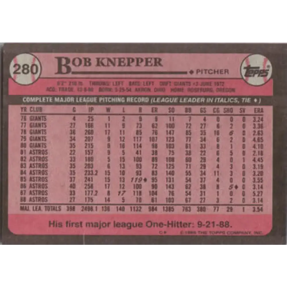1989 Topps #280 Bob Knepper NM-MT Houston Astros Baseball Card - Baseball Card Single