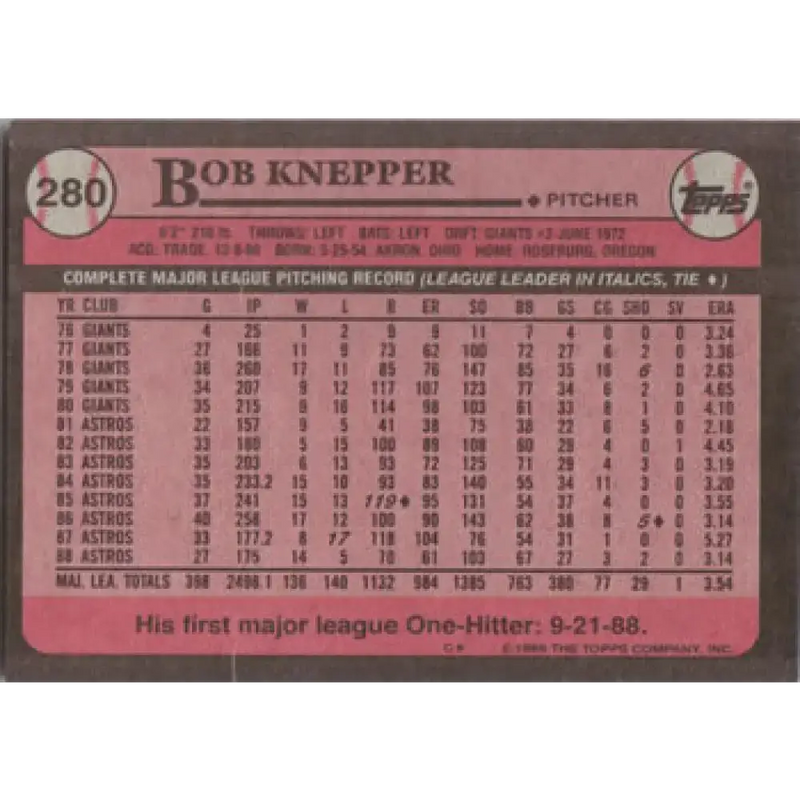 1989 Topps #280 Bob Knepper NM-MT Houston Astros Baseball Card - Baseball Card Single