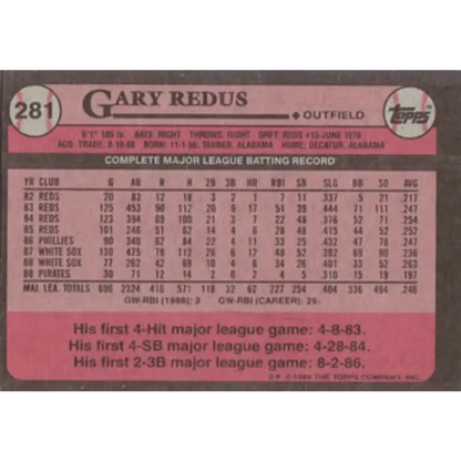 1989 Topps #281 Gary Redus NM-MT Pittsburgh Pirates Baseball Card