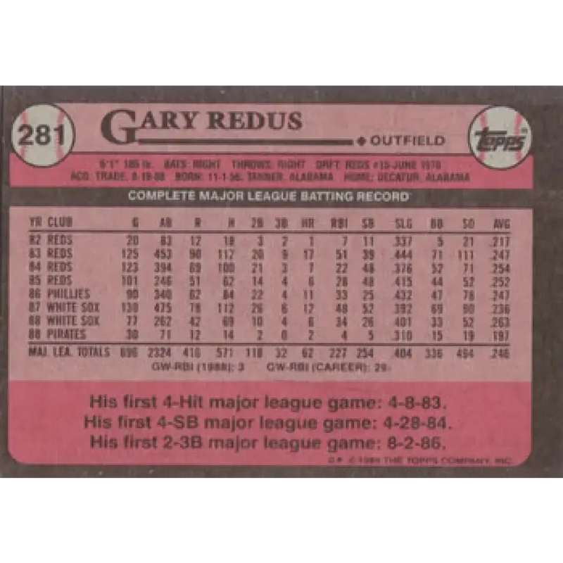 1989 Topps #281 Gary Redus NM-MT Pittsburgh Pirates Baseball Card - Baseball Card Single