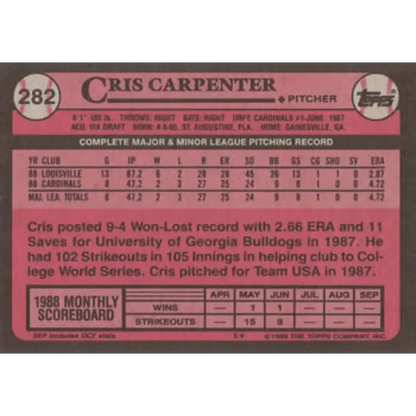 1989 Topps #282 Cris Carpenter NM-MT RC Rookie St. Louis Cardinals Baseball Card