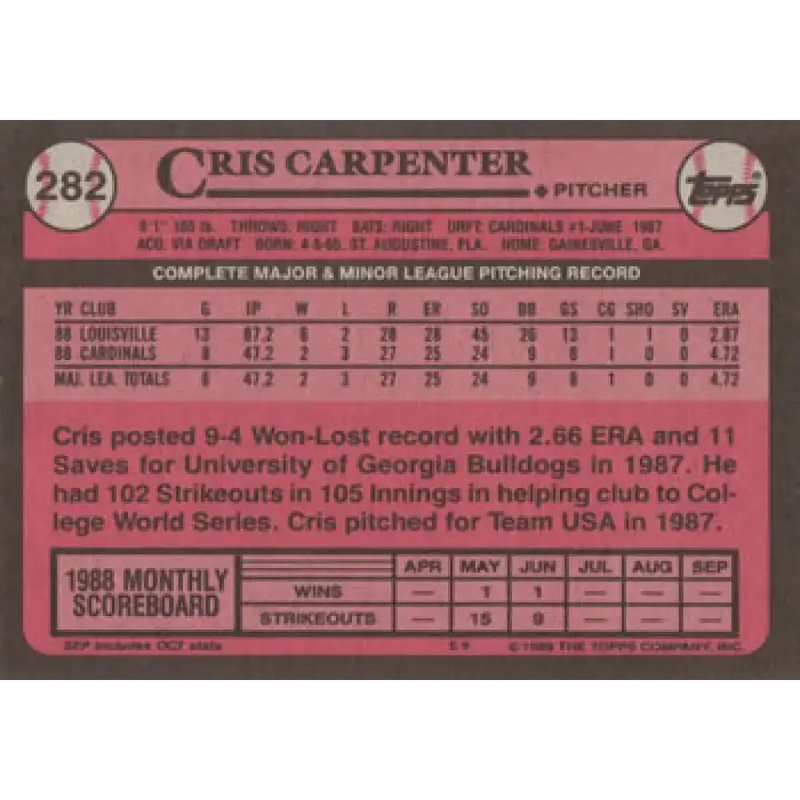1989 Topps #282 Cris Carpenter NM-MT RC Rookie St. Louis Cardinals Baseball Card - Baseball Card Single