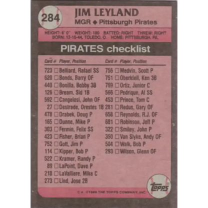 1989 Topps #284 Jim Leyland MG NM-MT Pittsburgh Pirates Baseball Card
