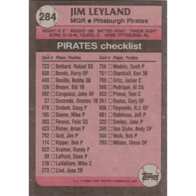 1989 Topps #284 Jim Leyland MG NM-MT Pittsburgh Pirates Baseball Card - Baseball Card Single