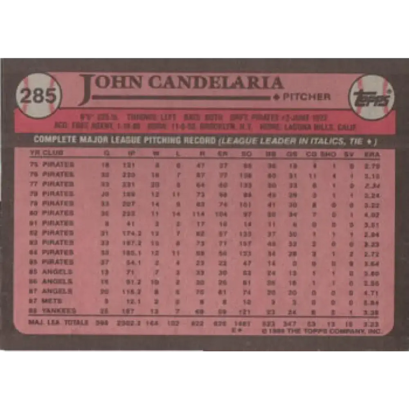 1989 Topps #285 John Candelaria NM-MT New York Yankees Baseball Card - Baseball Card Single