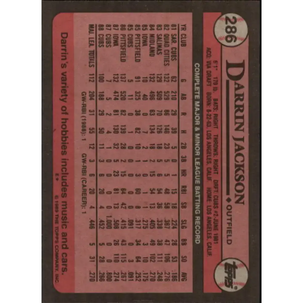1989 Topps #286 Darrin Jackson NM-MT Chicago Cubs Baseball Card - Baseball Card Single