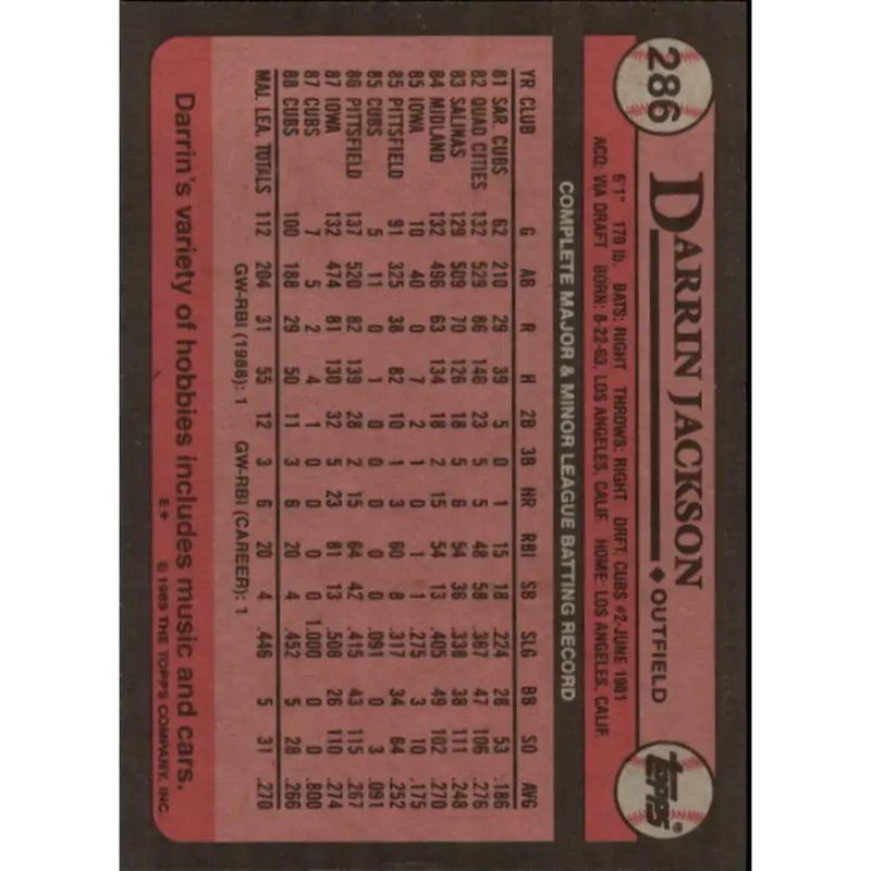 1989 Topps #286 Darrin Jackson NM-MT Chicago Cubs Baseball Card - Baseball Card Single