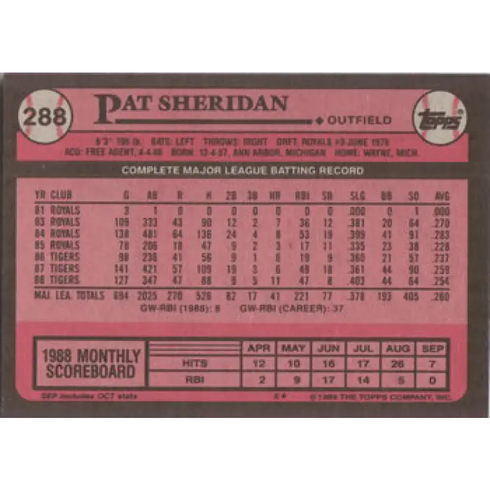 1989 Topps #288 Pat Sheridan NM-MT Detroit Tigers Baseball Card - Baseball Card Single