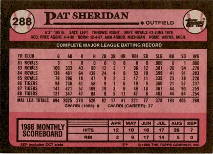 1989 Topps Pat Sheridan baseball card back with original gloss featuring Tigers ID 45931
