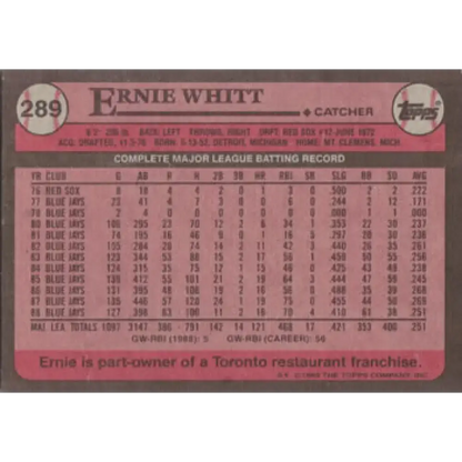 1989 Topps #289 Ernie Whitt NM-MT Toronto Blue Jays Baseball Card