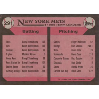1989 Topps #291 Darryl Strawberry/Kevin McReynolds/Keith Hernandez New York Mets TL NM-MT New York Mets Baseball Card