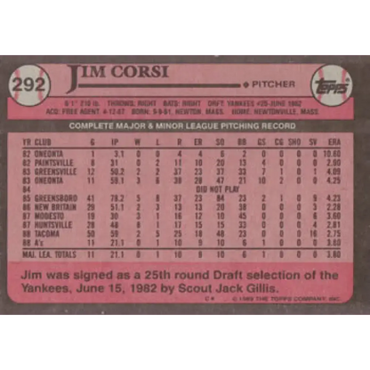 1989 Topps #292 Jim Corsi NM-MT RC Rookie Oakland Athletics Baseball Card