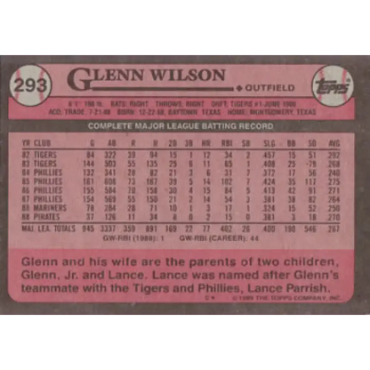 1989 Topps #293 Glenn Wilson NM-MT Pittsburgh Pirates Baseball Card