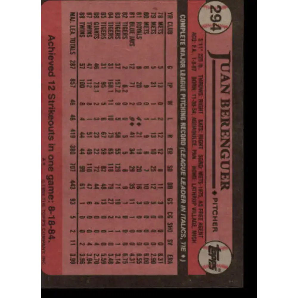 1989 Topps #294 Juan Berenguer NM-MT Minnesota Twins Baseball Card