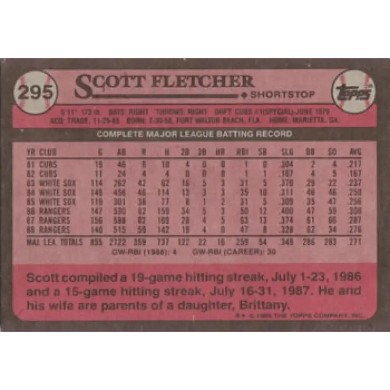 1989 Topps #295 Scott Fletcher NM-MT Texas Rangers Baseball Card - Baseball Card Single