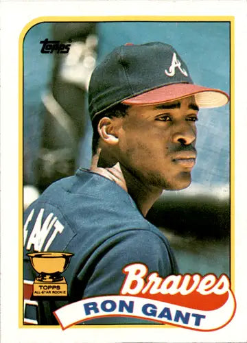 Original gloss Ron Gant baseball card from 1989 Topps #296 featuring Braves player