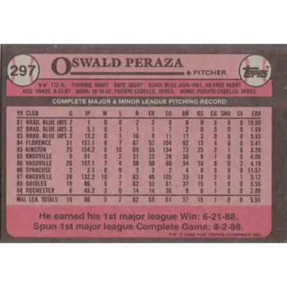 1989 Topps #297 Oswaldo Peraza NM-MT Baltimore Orioles Baseball Card