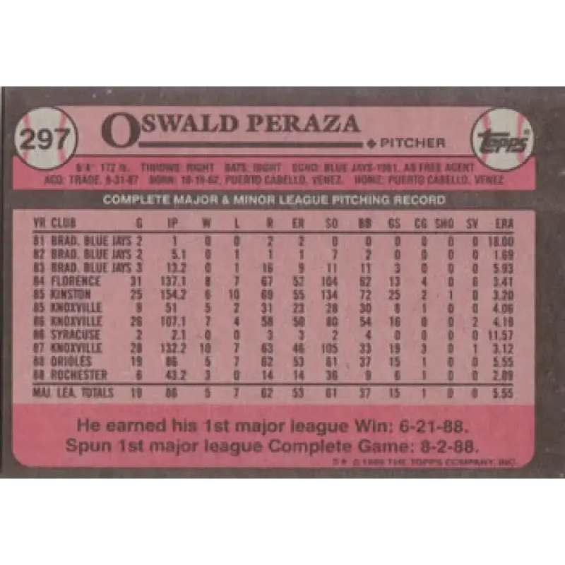 1989 Topps #297 Oswaldo Peraza NM-MT Baltimore Orioles Baseball Card - Baseball Card Single
