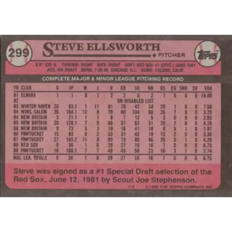 1989 Topps #299 Steve Ellsworth NM-MT RC Rookie Boston Red Sox Baseball Card - Baseball Card Single